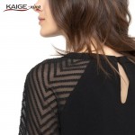 Kaige.Nina New Women's Fashion Sexy Black Pure Color Long Sleeve Lace Decoration Straight And Knees In The Summer Dress 1238