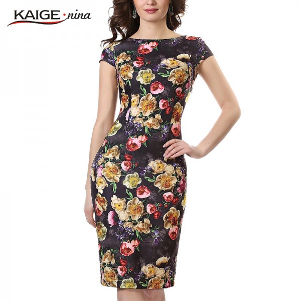 Kaige.Nina New Women's Vestidos Fashion Printing Style Short Sleeves O-Neck No Decoration Tight Knee-length Summer Dress 1605