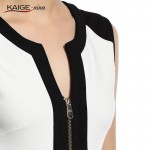 Kaige.Nina Womens White And Black Colorblock Front Zipper Tunic Wear To Work Business Casual Party Pencil Bodycon Sheath Dress