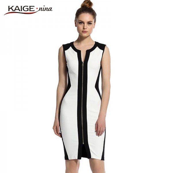 Kaige.Nina Womens White And Black Colorblock Front Zipper Tunic Wear To Work Business Casual Party Pencil Bodycon Sheath Dress