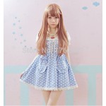 Kawaii Girls Lolita Short Sleeves One-piece Mini Dress Dots Pockets Cross Tie Cute Lace Trim