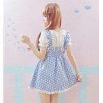 Kawaii Girls Lolita Short Sleeves One-piece Mini Dress Dots Pockets Cross Tie Cute Lace Trim