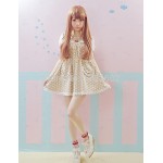 Kawaii Girls Lolita Short Sleeves One-piece Mini Dress Dots Pockets Cross Tie Cute Lace Trim