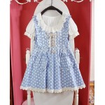 Kawaii Girls Lolita Short Sleeves One-piece Mini Dress Dots Pockets Cross Tie Cute Lace Trim