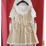 Kawaii Girls Lolita Short Sleeves One-piece Mini Dress Dots Pockets Cross Tie Cute Lace Trim