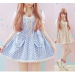 Kawaii Girls Lolita Short Sleeves One-piece Mini Dress Dots Pockets Cross Tie Cute Lace Trim