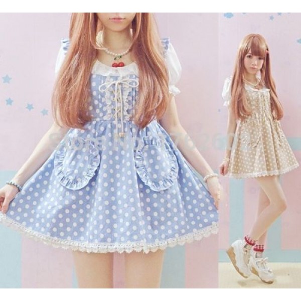 Kawaii Girls Lolita Short Sleeves One-piece Mini Dress Dots Pockets Cross Tie Cute Lace Trim