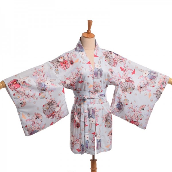 Kawaii Japanese Yukata Kimono Cute Women Onegai Usagi Praying Rabbit Matsuri Blossom Bunny Coat  Jacket Summer Costume