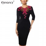 Kenancy 2XL 2 Colors Elegant Applique Red Flower Embroidery V-neck Office Dress Women 3/4 Sleeve Sheath Bodycon Vestidos Slim