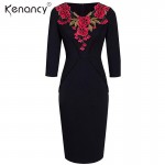 Kenancy 2XL 2 Colors Elegant Applique Red Flower Embroidery V-neck Office Dress Women 3/4 Sleeve Sheath Bodycon Vestidos Slim