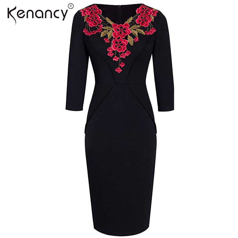 Kenancy 2XL 2 Colors Elegant Applique Red Flower Embroidery V Neck