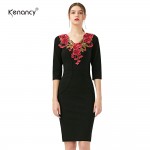 Kenancy 2XL 2 Colors Elegant Applique Red Flower Embroidery V-neck Office Dress Women 3/4 Sleeve Sheath Bodycon Vestidos Slim