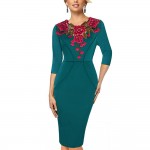 Kenancy 2XL 2 Colors Elegant Applique Red Flower Embroidery V-neck Office Dress Women 3/4 Sleeve Sheath Bodycon Vestidos Slim