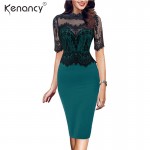 Kenancy 2XL Retro Floral Black Lace Patchwork Pencil Dress Women Party & Office See Thru Short Sleeve Bodycon Vestidos 3 Colors