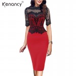 Kenancy 2XL Retro Floral Black Lace Patchwork Pencil Dress Women Party & Office See Thru Short Sleeve Bodycon Vestidos 3 Colors