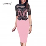 Kenancy 2XL Retro Floral Black Lace Patchwork Pencil Dress Women Party & Office See Thru Short Sleeve Bodycon Vestidos 3 Colors