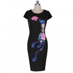 Kenancy Fashion Elegant Vintage Women Summer Dress Flower Peacock Printed Slim Party Evening Sheath O-Neck Pencil Vestidos