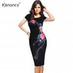 Kenancy Fashion Elegant Vintage Women Summer Dress Flower Peacock Printed Slim Party Evening Sheath O-Neck Pencil Vestidos