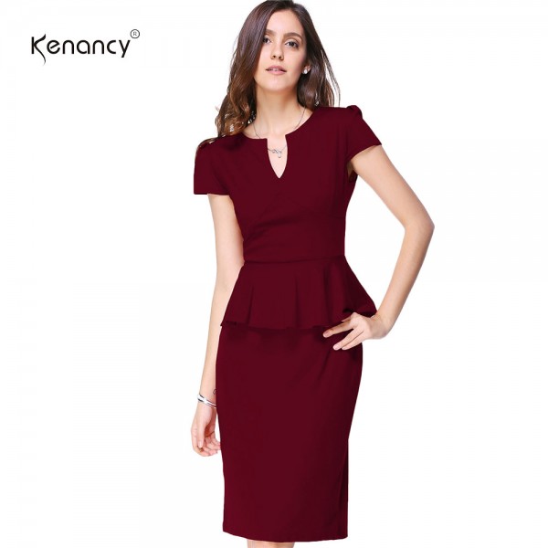 Kenancy Stylish Women Summer Dress Stunning Plunging Neck Short Sleeve Flounce Waist Bodycon Vestidos