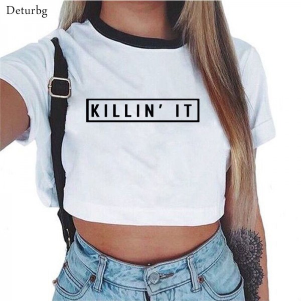 Killin it Women'S Sexy Letters Prints T Shirt 2017 Summer Casual Ladies Short Sleeve O Neck Crop Top Tees Cotton White T-Shirts