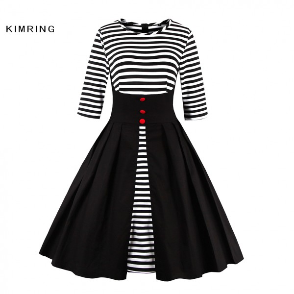 Kimring Fashion Patchwork Autumn Winter Dress Women Cotton Dresses Unique Red Button Dress Elegant Dress Cocktail Party Vestidos