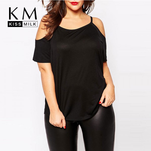 Kissmilk 2017 Women Plus Size Street Style  Spaghetti Strap  Big Large Size Sexy Off Shoulder 3XL 4XL 5XL 6XL Slim Solid T-Shirt