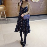 Korea Fashion Women Daisy Navy Dress Edge Suihua  Printting Lotus Leaf Dress Long Term Outside Sleeveless Braces Dress