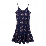 Korea Fashion Women Daisy Navy Dress Edge Suihua  Printting Lotus Leaf Dress Long Term Outside Sleeveless Braces Dress