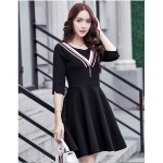 Korea OL Black Dress Sailor Strip Tassel Half Sleeves Lady Spring Black Dress 2017 Spring College Girl Office Girl All Match