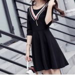 Korea OL Black Dress Sailor Strip Tassel Half Sleeves Lady Spring Black Dress 2017 Spring College Girl Office Girl All Match