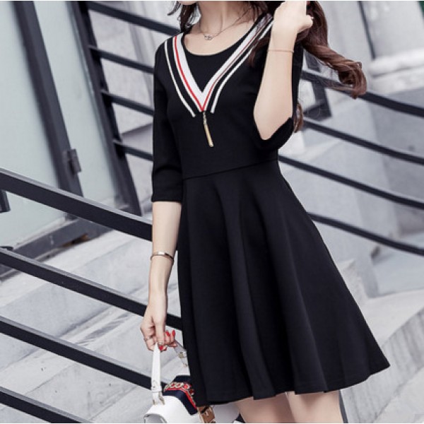 Korea OL Black Dress Sailor Strip Tassel Half Sleeves Lady Spring Black Dress 2017 Spring College Girl Office Girl All Match