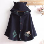 Korea Style Autumn Winter Women Girl Wool Hooded Coat Bomber Jacket Cat Ear Loose Cloak Poncho Bat Sleeved Oversized Short Cape