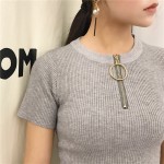 Korean Chic 2017 Summer T Shirt Women Knitted Metal Ring Zip Up Women Tops Casual Solid Short Sleeve Harajuku Slim Fit t-shirt