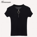 Korean Chic 2017 Summer T Shirt Women Knitted Metal Ring Zip Up Women Tops Casual Solid Short Sleeve Harajuku Slim Fit t-shirt