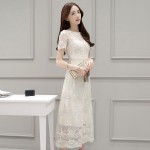 Korean style women short sleeve mesh embroidered beige dress summer  1782LY