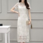 Korean style women short sleeve mesh embroidered beige dress summer  1782LY