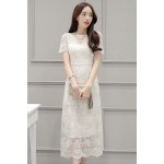 Korean style women short sleeve mesh embroidered beige dress summer  1782LY