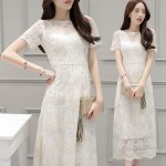 Korean style women short sleeve mesh embroidered beige dress summer  1782LY