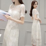 Korean style women short sleeve mesh embroidered beige dress summer  1782LY