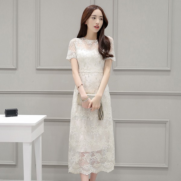 Korean style women short sleeve mesh embroidered beige dress summer  1782LY