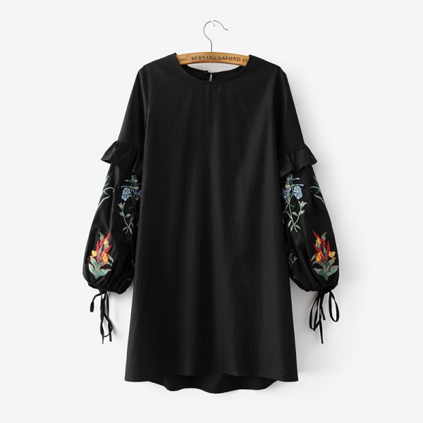 L510 spring fashion women vintage floral embroidery lantern sleeve knot deco dress ladies BOHO beach casual gown dresses 