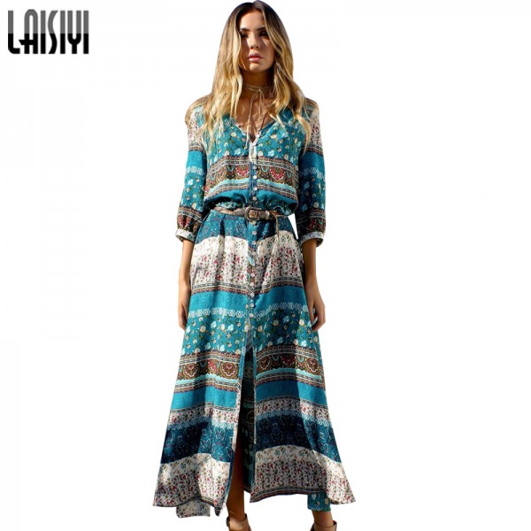 LAISIYI 2017 Women New Sexy Split Boho Print Dress Vintage Strappy Long Summer Causal Maxi Beach Dresses Vestidos ASDR20103