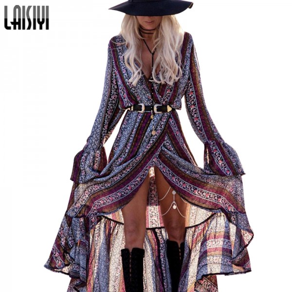 LAISIYI Sexy Split Boho Paisley Print Dress Women Long Dress Summer Beach Sundress Maxi Beach Vacation Dress Vestidos ASDR20084