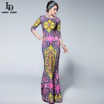 LD LINDA DELLA 2016 Bodycon Sheath Maxi Mermaid Dress Women's 3/4 Sleeve Print Elegant Celebrity Party Gown Long Dress