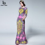 LD LINDA DELLA 2016 Bodycon Sheath Maxi Mermaid Dress Women's 3/4 Sleeve Print Elegant Celebrity Party Gown Long Dress