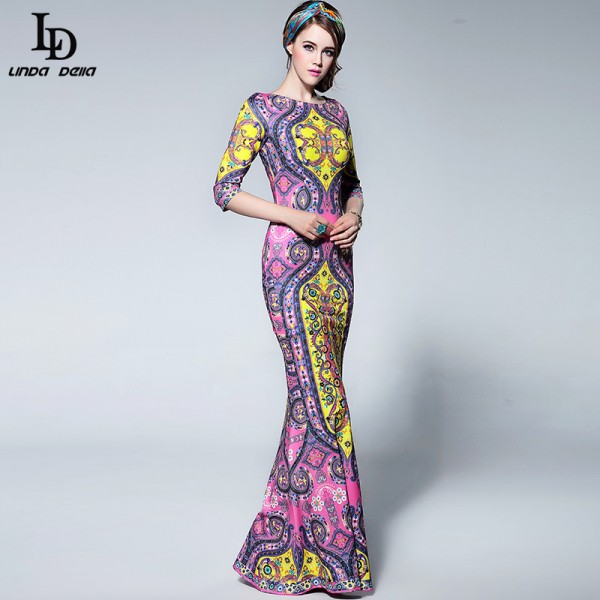 LD LINDA DELLA 2016 Bodycon Sheath Maxi Mermaid Dress Women's 3/4 Sleeve Print Elegant Celebrity Party Gown Long Dress