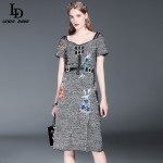 LD LINDA DELLA 2016 New Autumn Winter Women Knee Length Character Sequin Diamonds Embroidery Wool Blends Vintage Dress