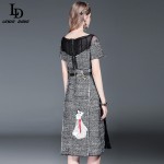 LD LINDA DELLA 2016 New Autumn Winter Women Knee Length Character Sequin Diamonds Embroidery Wool Blends Vintage Dress