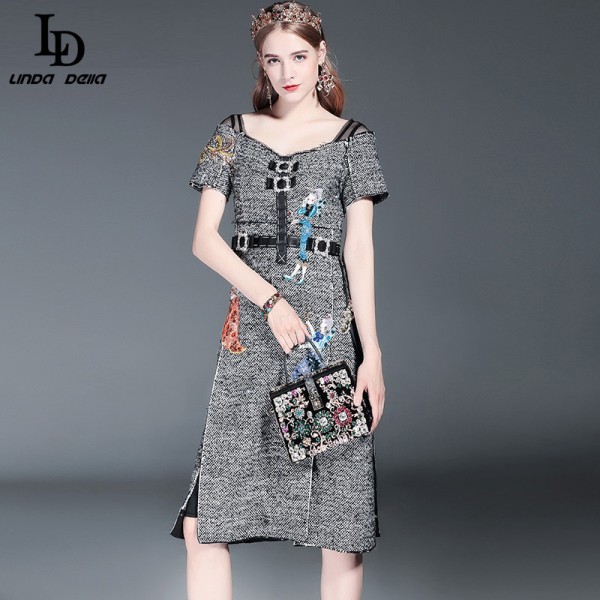 LD LINDA DELLA 2016 New Autumn Winter Women Knee Length Character Sequin Diamonds Embroidery Wool Blends Vintage Dress