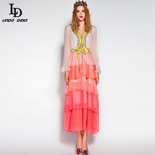 LD LINDA DELLA High Quality Ruwnay Designer Summer Dress Women's Long Sleeve Tiered Gradient color Sequin Ankle Length Dress